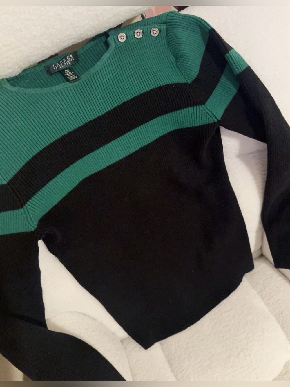 Ralph Lauren Black and Teal Striped Button-Shoulder Sweater size petit pm